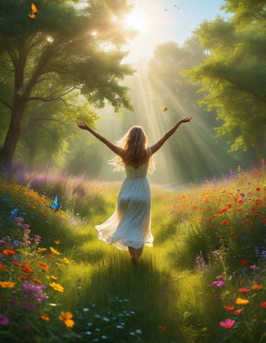 A serene landscape featuring a sunlit meadow filled with colorful wildflowers, a joyful person dancing with open arms, surrounded by butterflies and birds symbolizing freedom and exuberance. Soft rays of sunlight filtering through lush green trees, evoking a sense of warmth and happiness. The scene encapsulates themes of devotion and cheerfulness. vibrant colors. super-realistic.