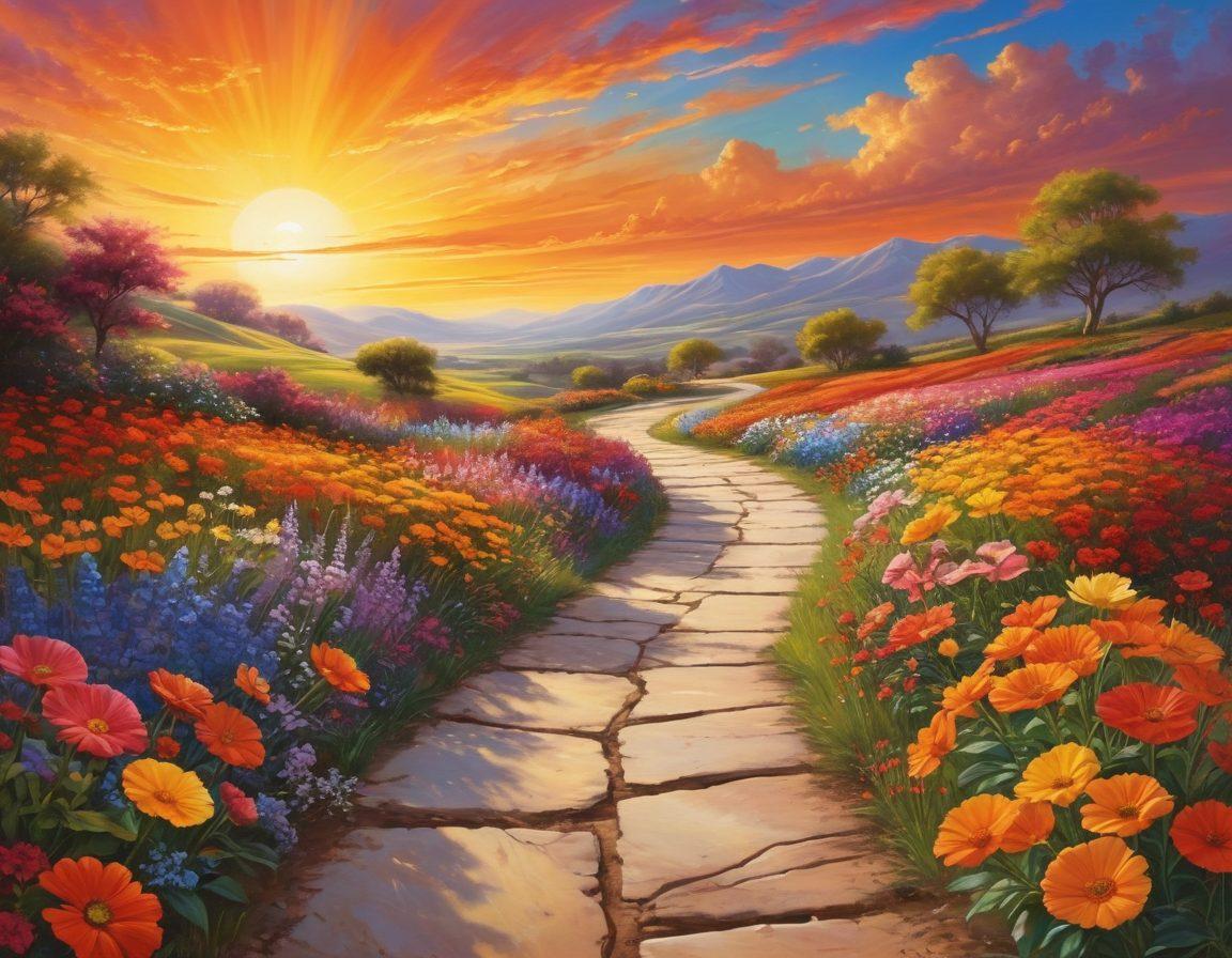 A vibrant pathway winding through a colorful landscape, with joyful figures dancing along the sides, representing different stages of life from elation to dedication. The sky is filled with bright, warm colors symbolizing happiness, while flowers bloom along the path, embodying growth and positivity. In the distance, a glowing sun represents hope and fulfillment. super-realistic. vibrant colors.