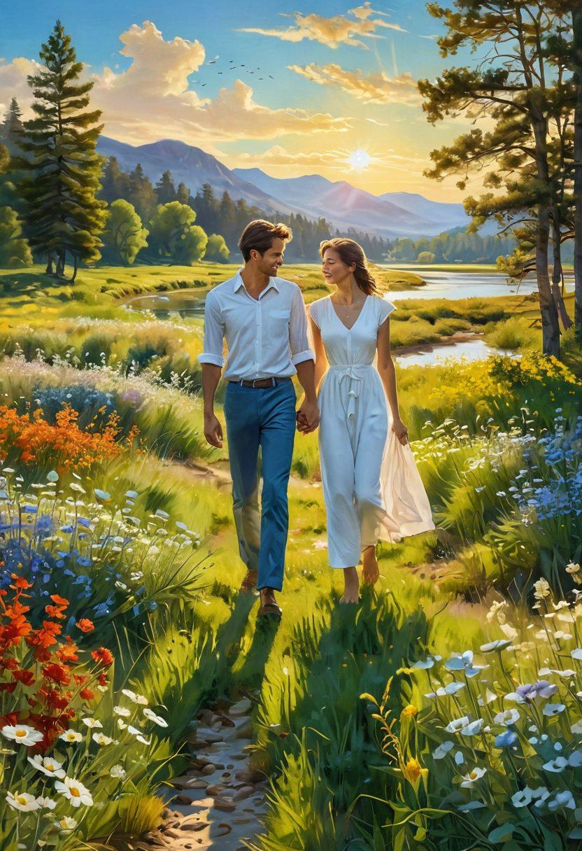 A serene landscape depicting a couple joyfully walking hand in hand through a sun-drenched meadow, surrounded by blooming flowers and a clear blue sky. The couple radiates happiness and a sense of connection, symbolizing faithfulness and commitment. In the background, a gentle river flows, reflecting their deep bond and tranquility. The scene conveys warmth and positivity, inviting the viewer to explore the theme of joyful commitment. super-realistic. vibrant colors. natural setting.